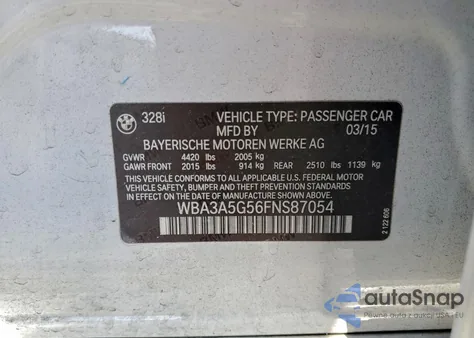 2015 BMW 328 I из США, поврежденный, VIN WBA3A5G56FNS87054